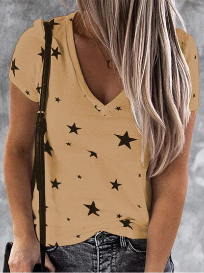 T-shirts - V-neck Star Print Short-sleeved T-shirt - MsDressly