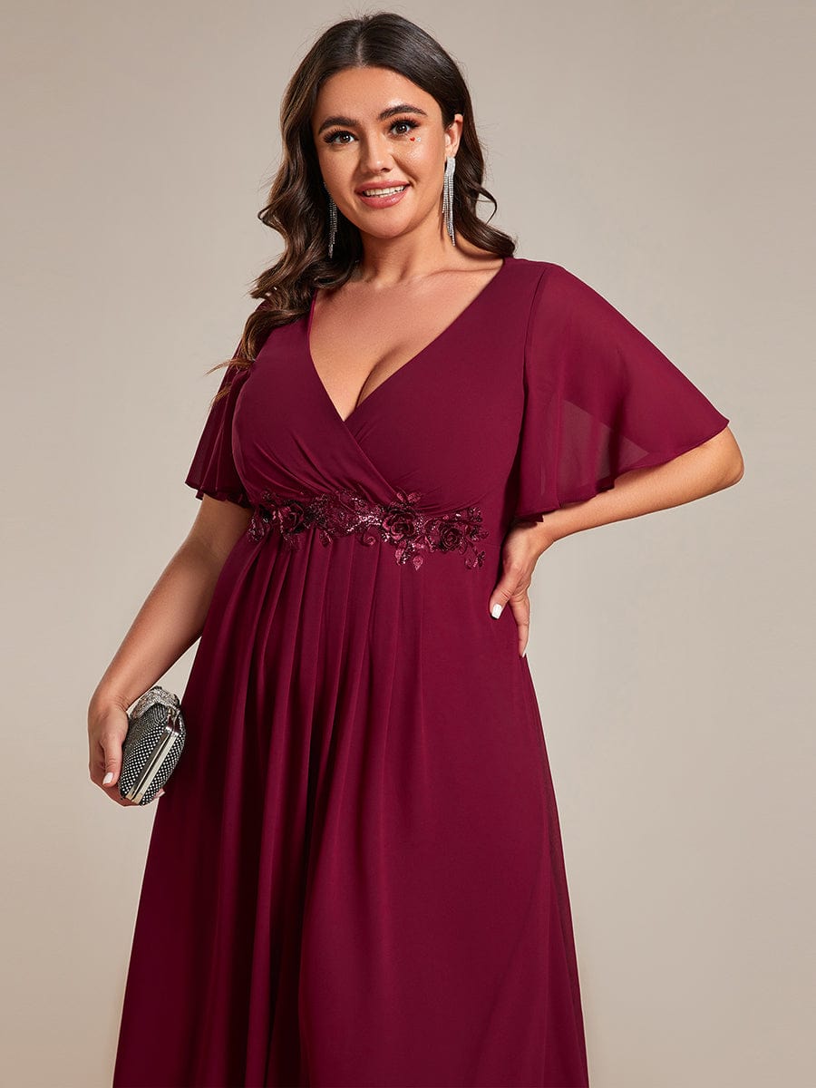 V-Neck Tea-Length Dress with Romantic Floral Applique