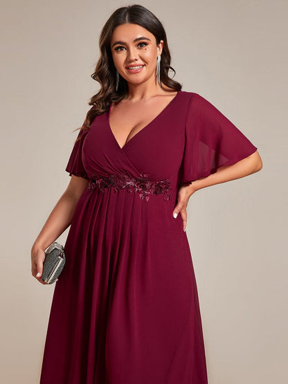 V-Neck Tea-Length Dress with Romantic Floral Applique