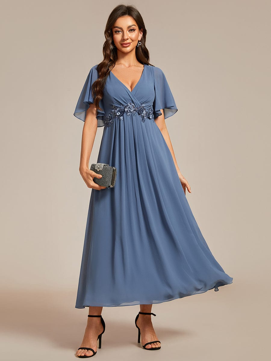 V-Neck Tea-Length Dress with Romantic Floral Applique