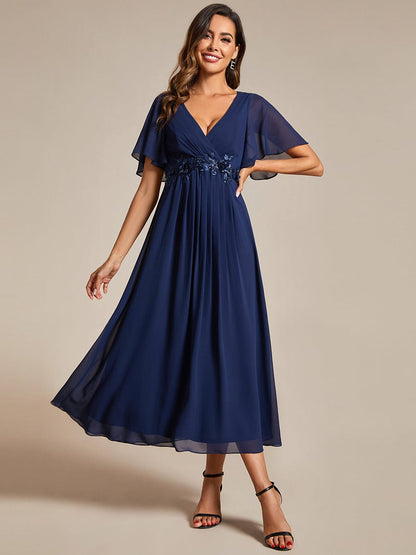 V-Neck Tea-Length Dress with Romantic Floral Applique