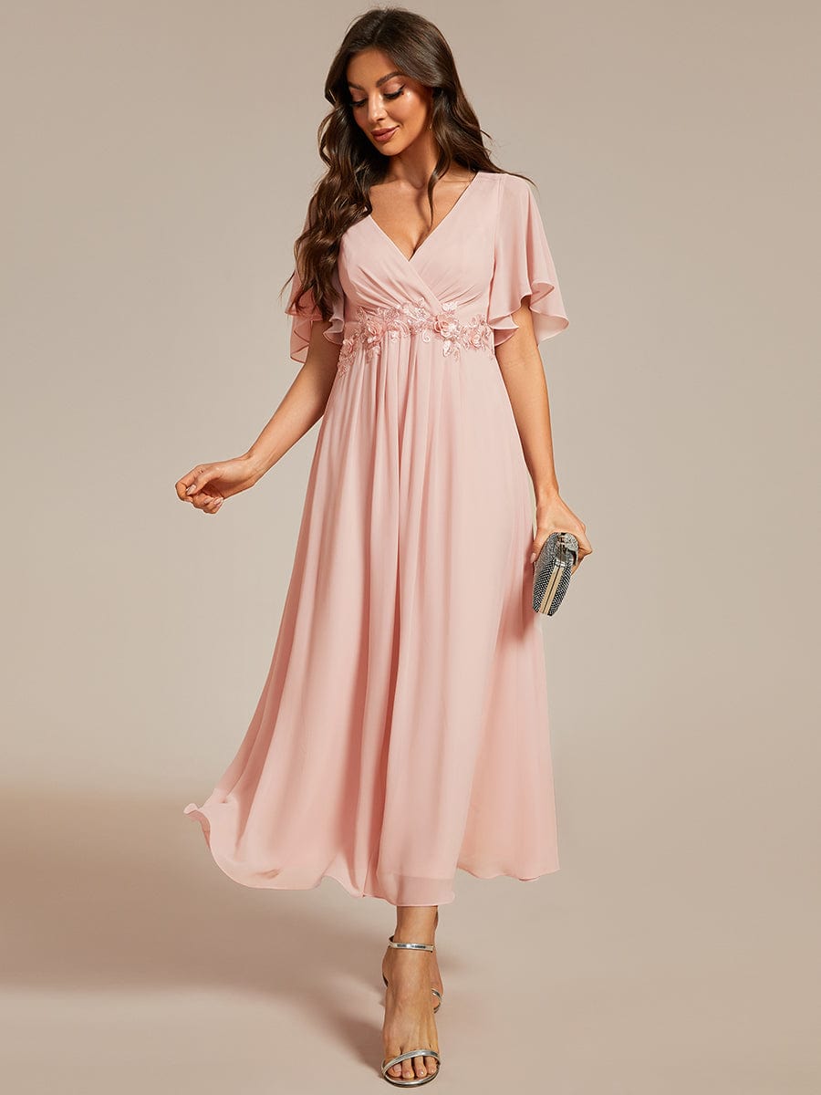 V-Neck Tea-Length Dress with Romantic Floral Applique