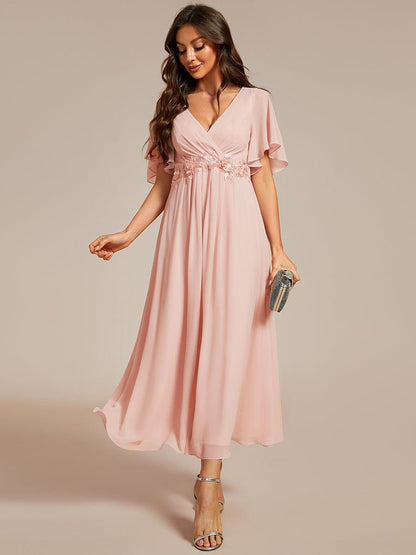 V-Neck Tea-Length Dress with Romantic Floral Applique