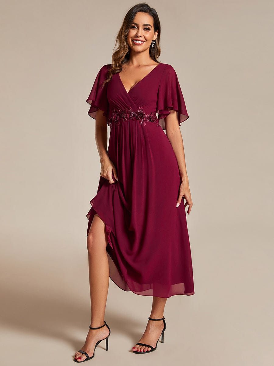 V-Neck Tea-Length Dress with Romantic Floral Applique