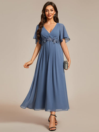 V-Neck Tea-Length Dress with Romantic Floral Applique