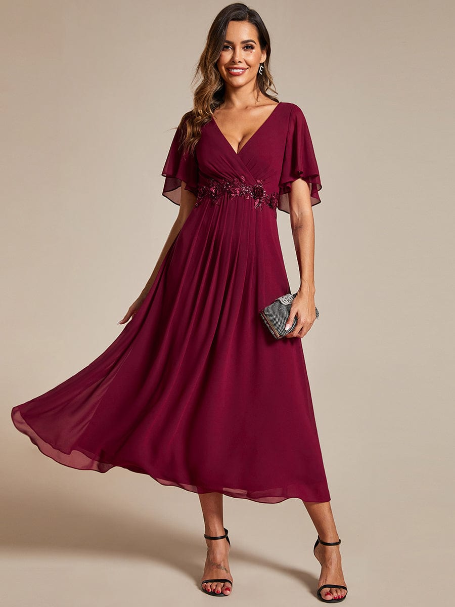 V-Neck Tea-Length Dress with Romantic Floral Applique