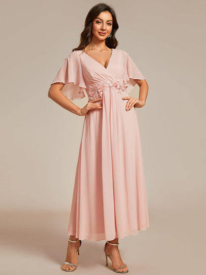 V-Neck Tea-Length Dress with Romantic Floral Applique