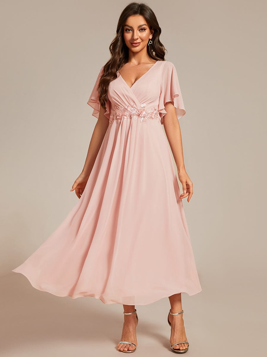 V-Neck Tea-Length Dress with Romantic Floral Applique