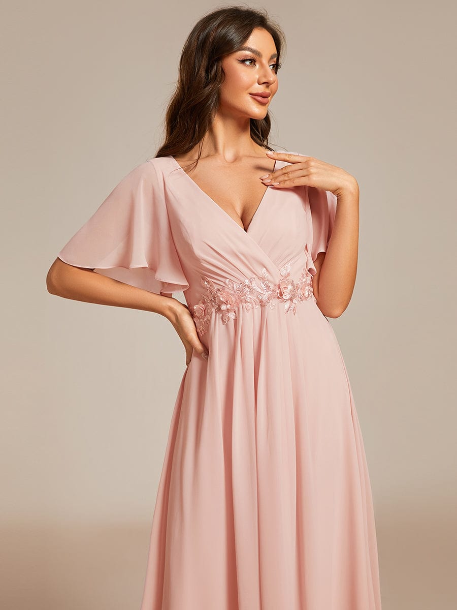 V-Neck Tea-Length Dress with Romantic Floral Applique