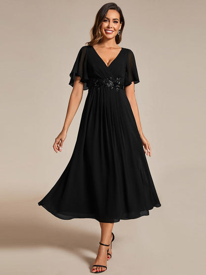 V-Neck Tea-Length Dress with Romantic Floral Applique