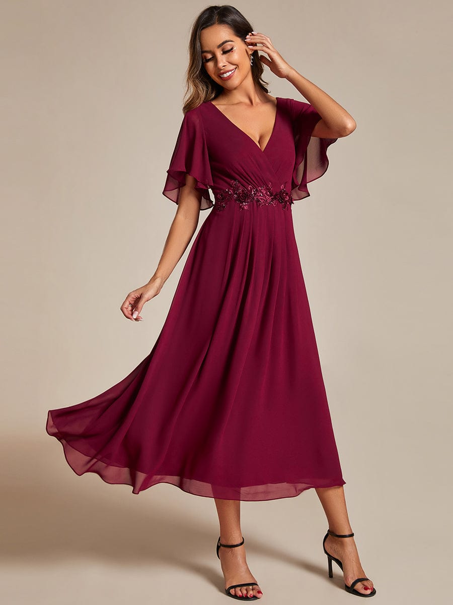 V-Neck Tea-Length Dress with Romantic Floral Applique