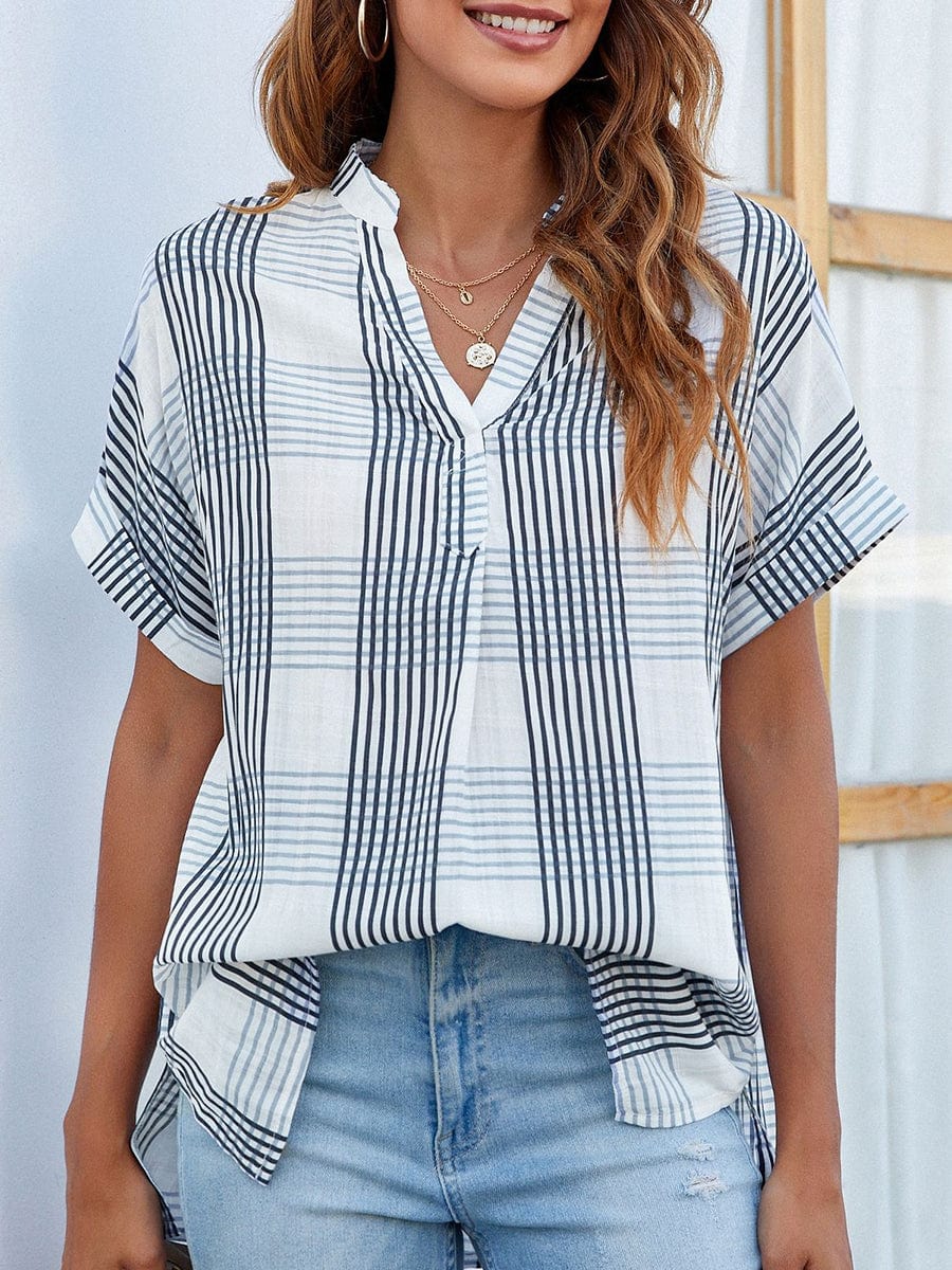 V-Neck Thin Loose Plaid Short-Sleeved Blouse