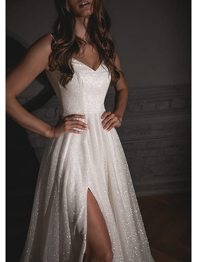 A-Line Prom Dresses Glittering Dress Wedding Party Sweep / Brush Train Sleeveless Spaghetti Strap Tulle with Sequin Slit 2023 - LuckyFash™