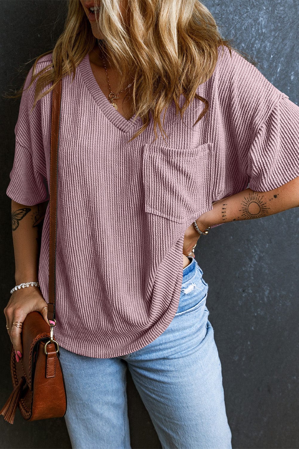 Valerian Corded V Neck Pocket T-shirt with Relaxed Fit