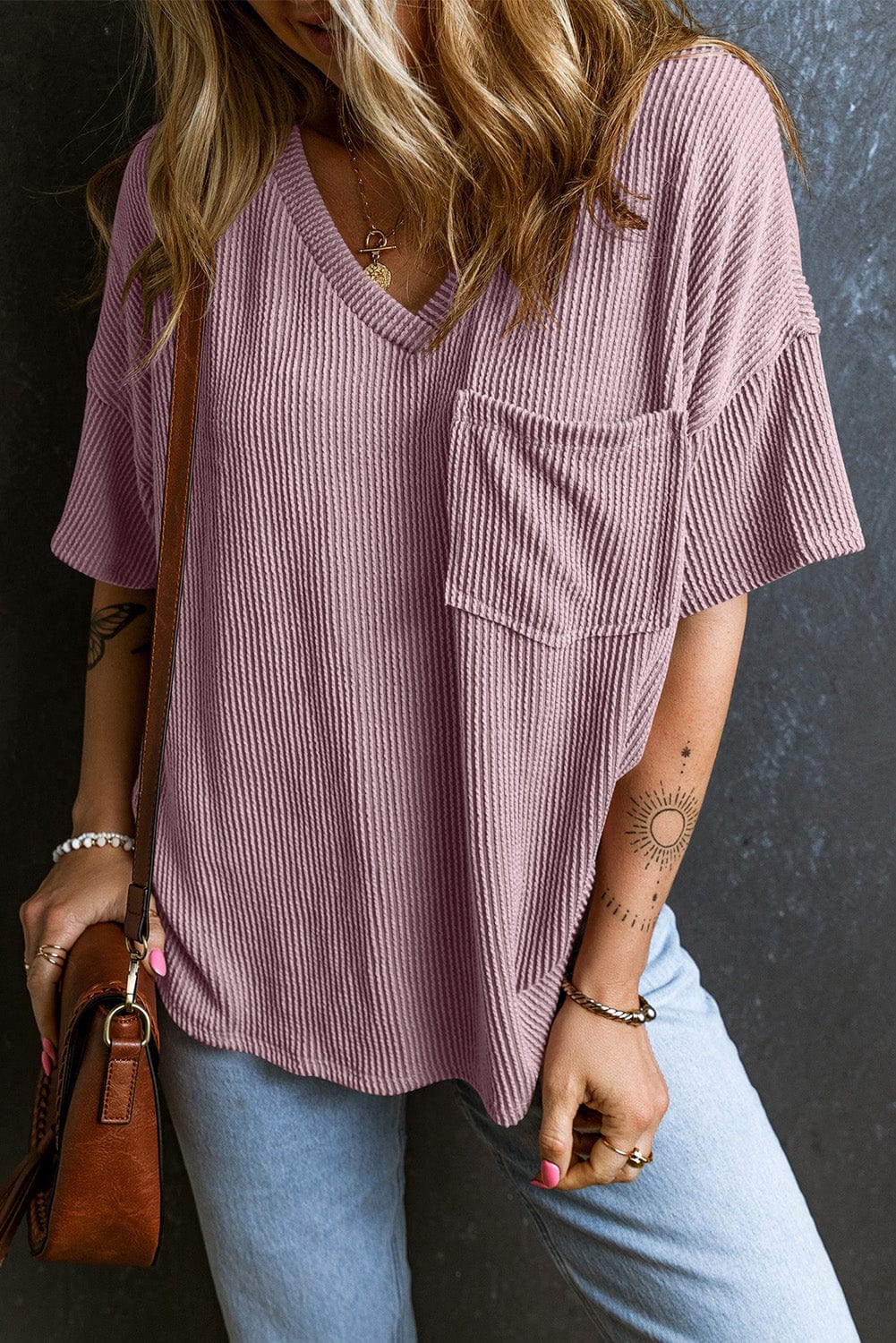 Valerian Corded V Neck Pocket T-shirt with Relaxed Fit