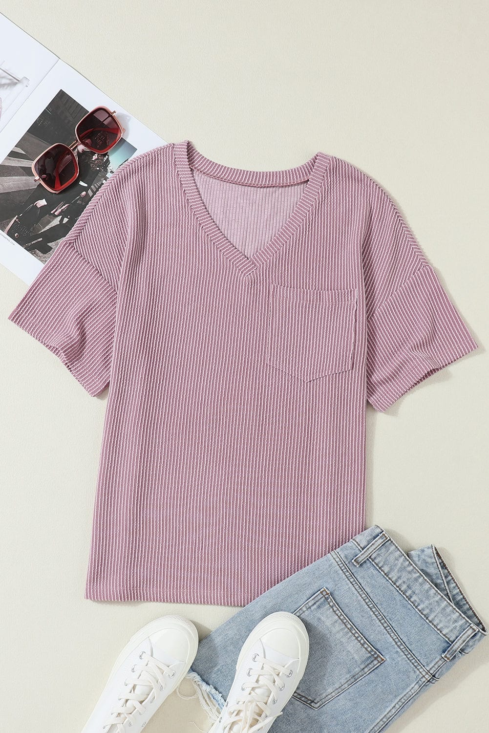 Valerian Corded V Neck Pocket T-shirt with Relaxed Fit
