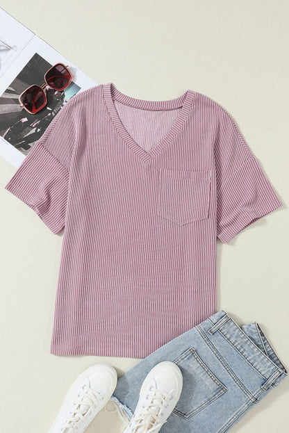 Valerian Corded V Neck Pocket T-shirt with Relaxed Fit