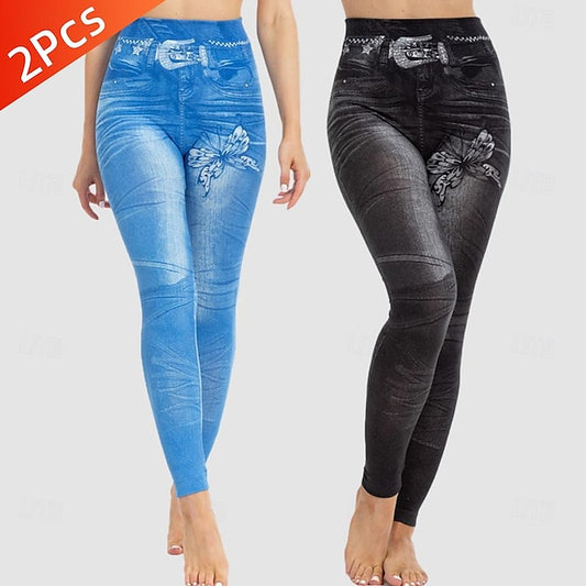 Multi Packs 2pcs Women's Black Slim Pants Trousers Leggings Pocket Print Butterfly Street Causal Polyester Summer