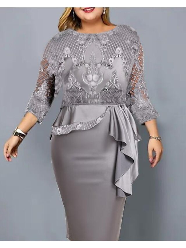 Women's Dress - Plus Size Party Dress Floral Crew Neck Lace 3/4 Length Sleeve Spring Fall Stylish Elegant Mature Midi Dress Formal Party Dress