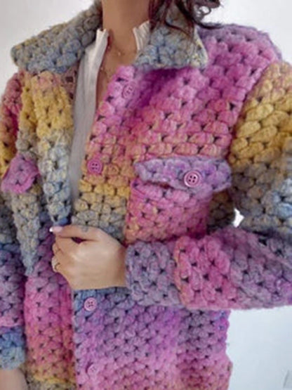 Women's Cardigan Sweater Shirt Collar Chunky Crochet Knit Polyester Pocket Knitted Fall Winter Long Outdoor Daily Going out Stylish Casual Soft Long Sleeve Color Gradient Purple S M L