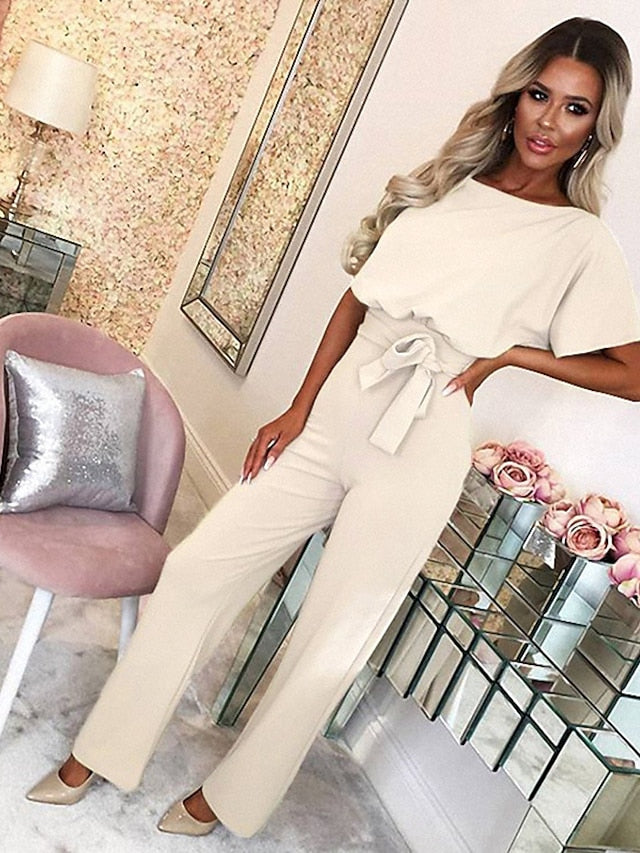 Jumpsuits for Women Summer Dressy Short Sleeve Belt Clean Fit Party Wide Leg Playsuit Long Pants Summer - LuckyFash™