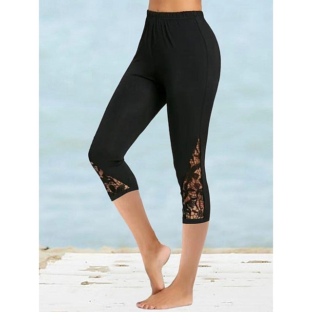 Women's Leggings Polyester Plain Black Casual Daily High Waist Calf-Length Outdoor Yoga Spring & Summer