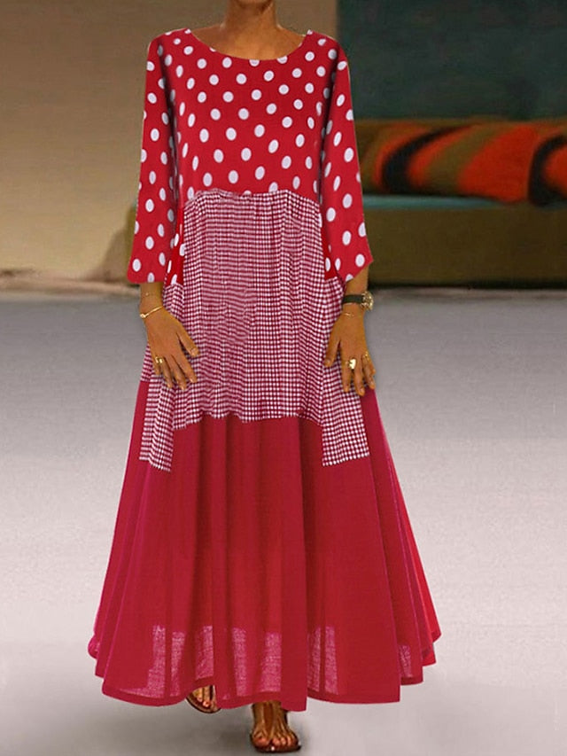 Women's Dress - A Line Dress Maxi long Dress Black Yellow Red Long Sleeve Polka Dot Patchwork Summer Spring Crew Neck Hot Winter Dress Fall Dress Loose Fit 2023 M L XL XXL 3XL 4XL 5XL
