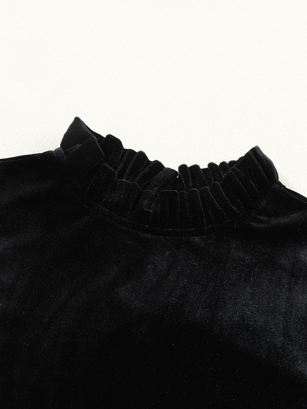Velvet Black Frilled Neck Shift Dress with Puff Sleeves