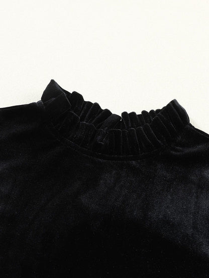 Velvet Black Frilled Neck Shift Dress with Puff Sleeves