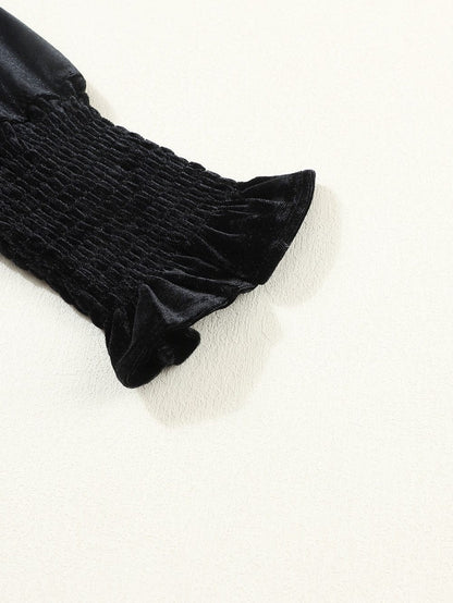 Velvet Black Frilled Neck Shift Dress with Puff Sleeves