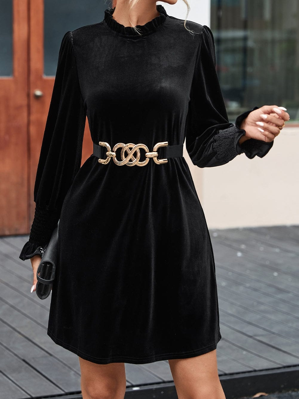 Velvet Black Frilled Neck Shift Dress with Puff Sleeves