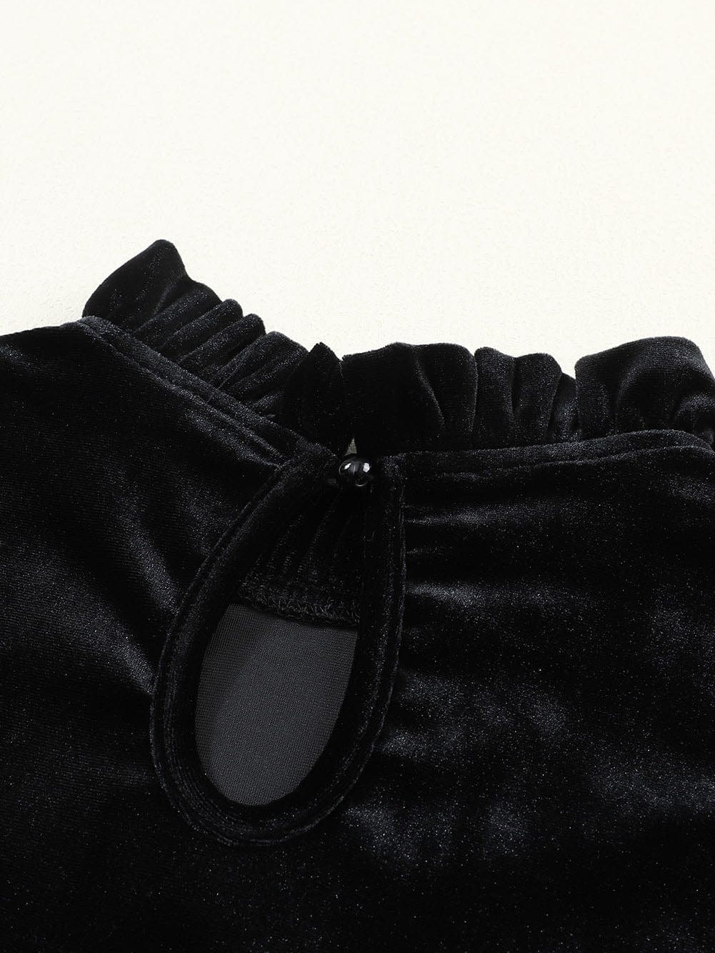 Velvet Black Frilled Neck Shift Dress with Puff Sleeves