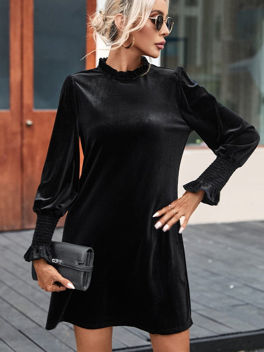 Velvet Black Frilled Neck Shift Dress with Puff Sleeves