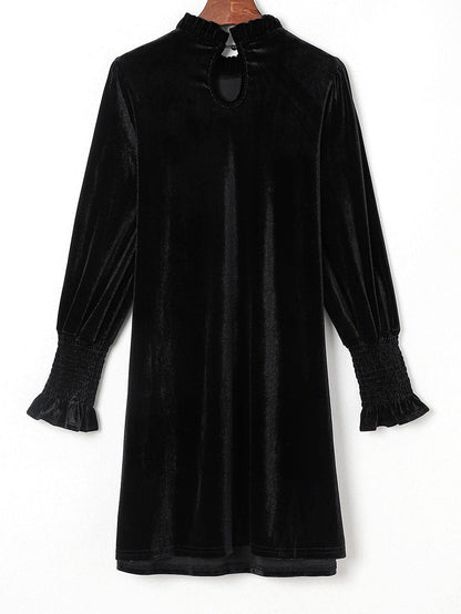 Velvet Black Frilled Neck Shift Dress with Puff Sleeves