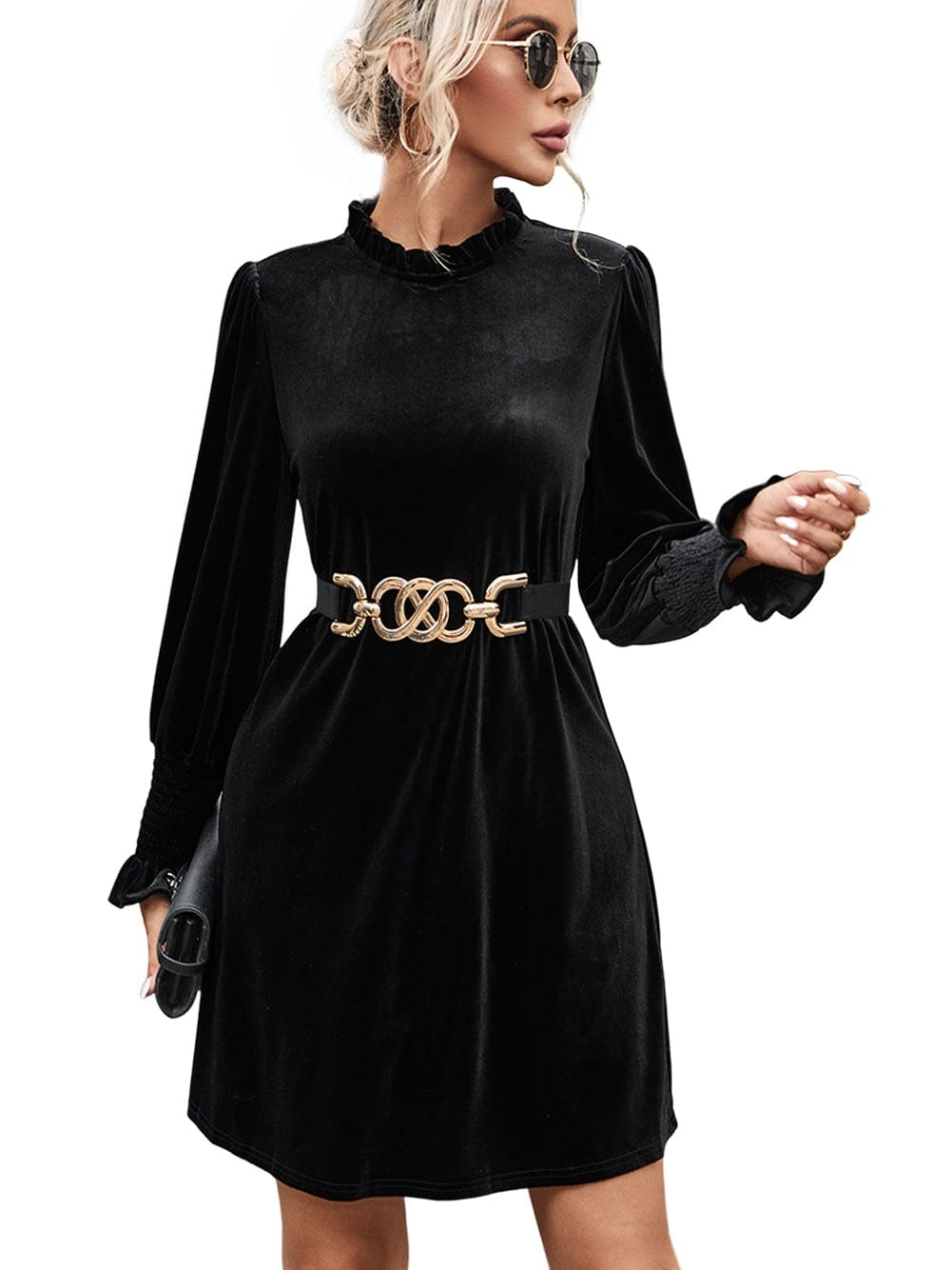 Velvet Black Frilled Neck Shift Dress with Puff Sleeves