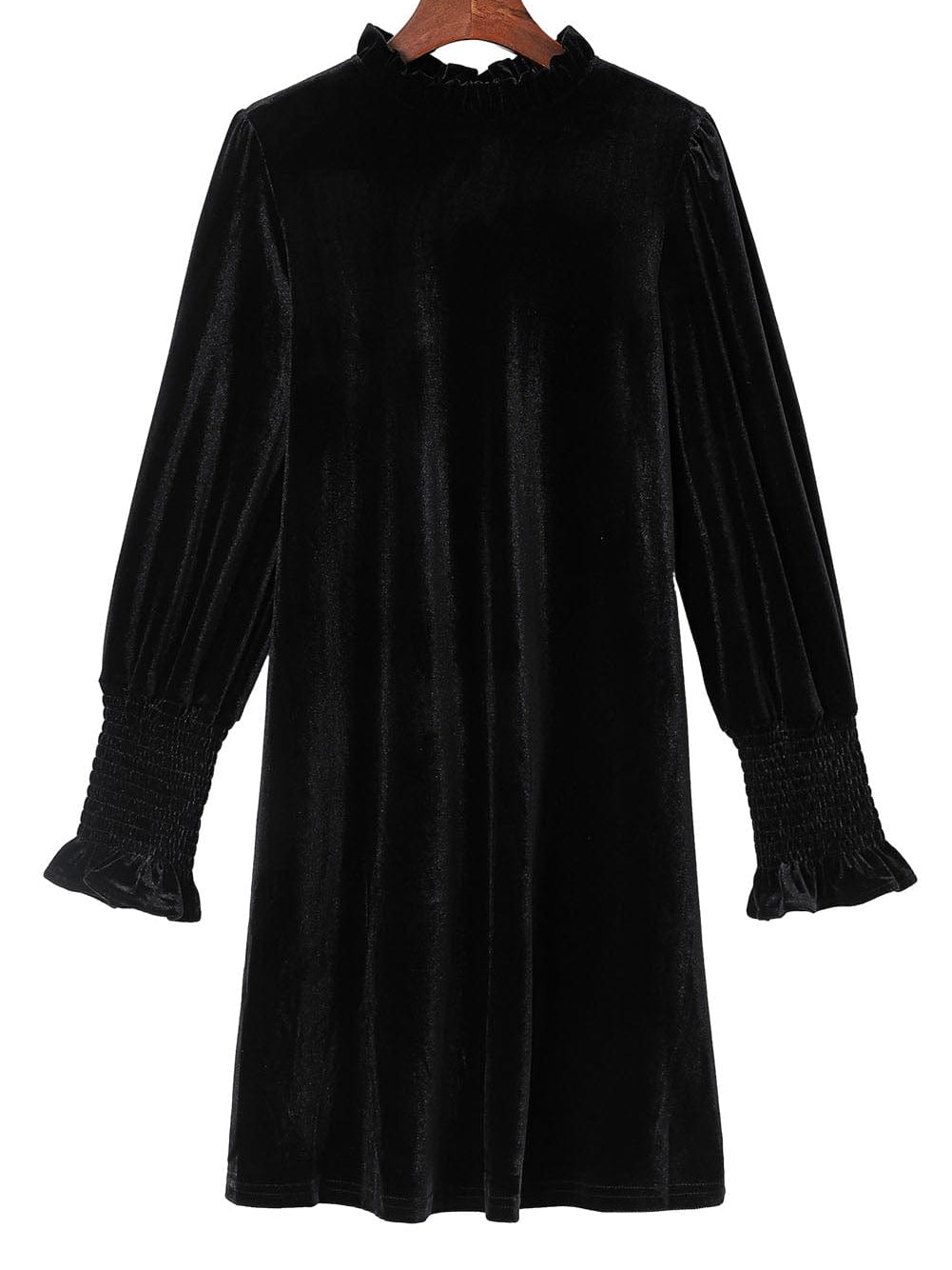 Velvet Black Frilled Neck Shift Dress with Puff Sleeves