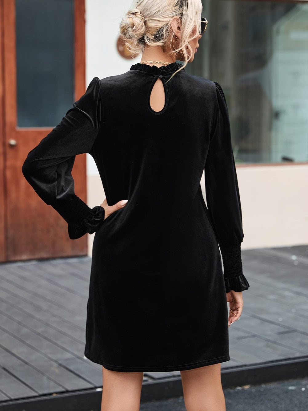 Velvet Black Frilled Neck Shift Dress with Puff Sleeves