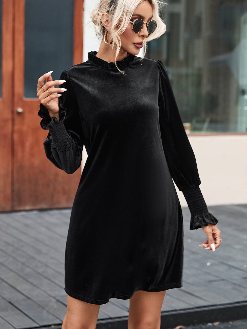 Velvet Black Frilled Neck Shift Dress with Puff Sleeves