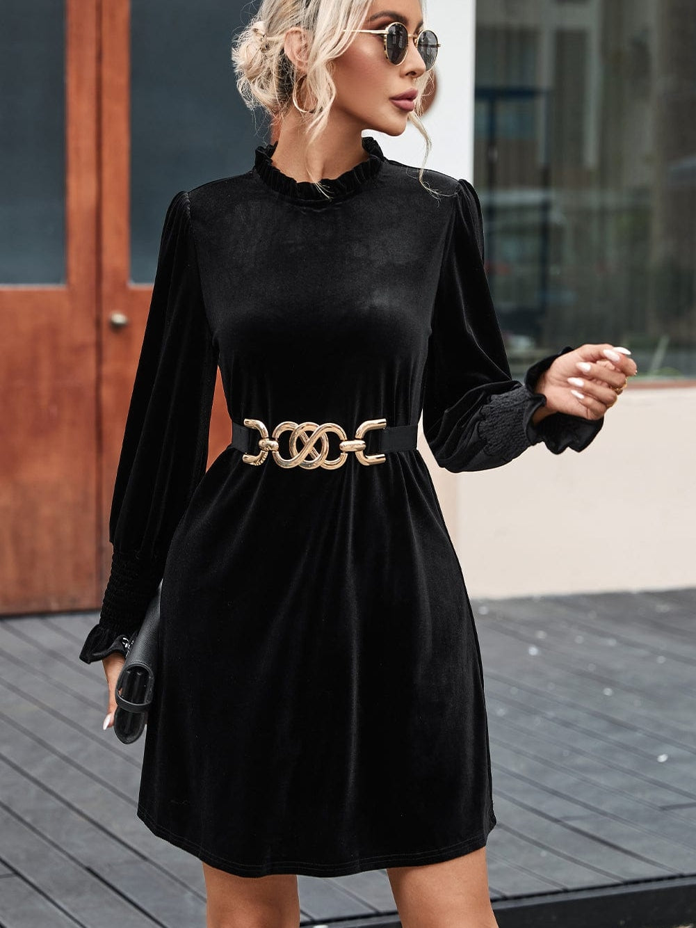 Velvet Black Frilled Neck Shift Dress with Puff Sleeves