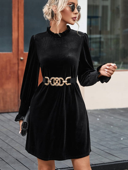 Velvet Black Frilled Neck Shift Dress with Puff Sleeves