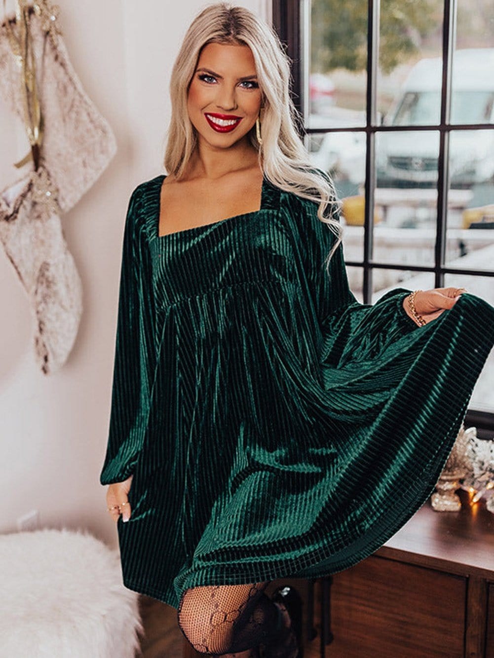Velvet Green Square Neck Babydoll Dress with Tie Back