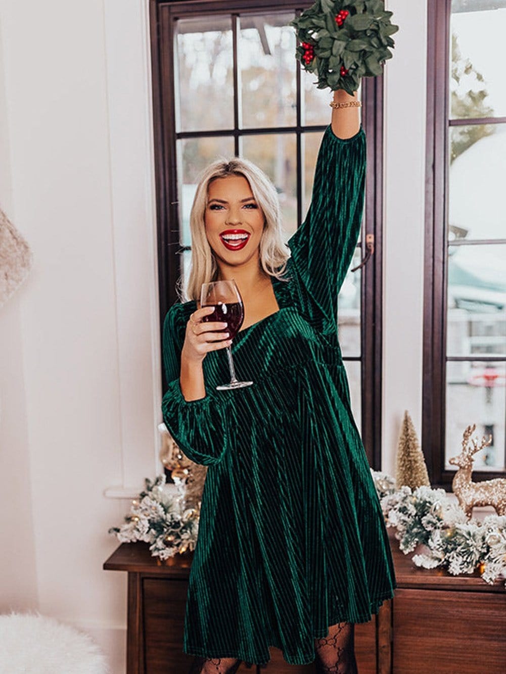 Velvet Green Square Neck Babydoll Dress with Tie Back