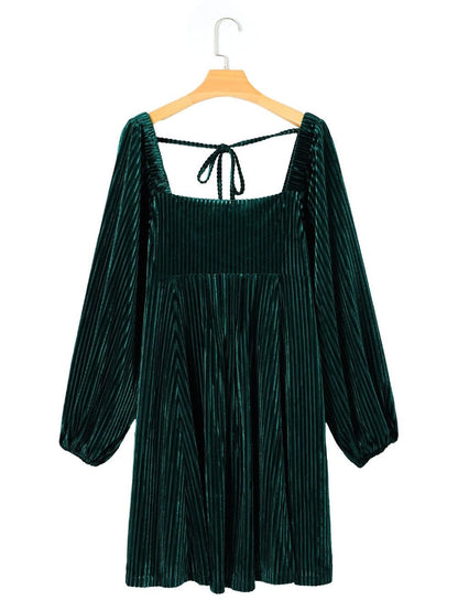 Velvet Green Square Neck Babydoll Dress with Tie Back