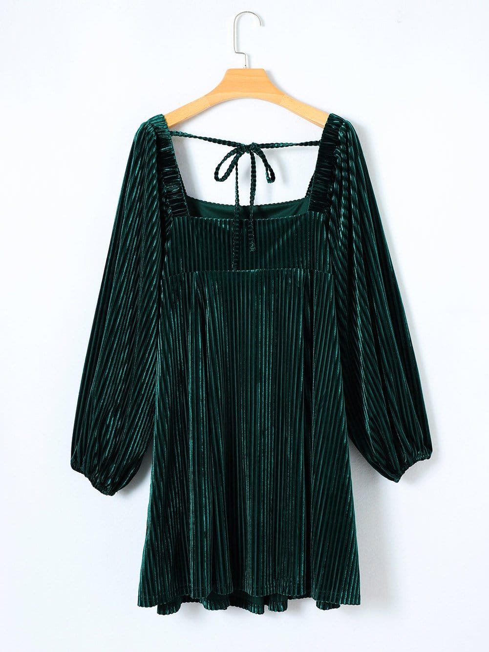 Velvet Green Square Neck Babydoll Dress with Tie Back