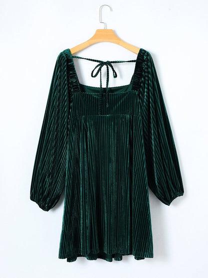 Velvet Green Square Neck Babydoll Dress with Tie Back