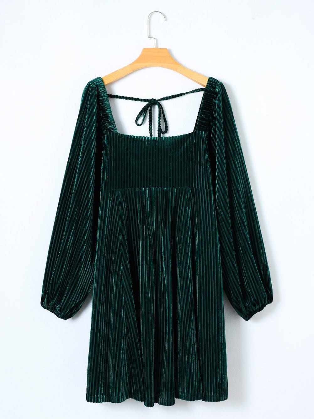 Velvet Green Square Neck Babydoll Dress with Tie Back