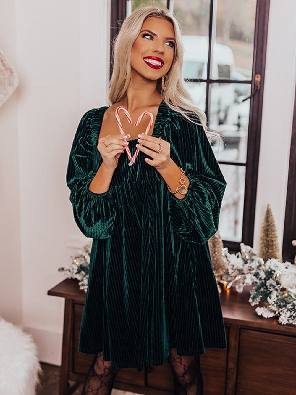 Velvet Green Square Neck Babydoll Dress with Tie Back