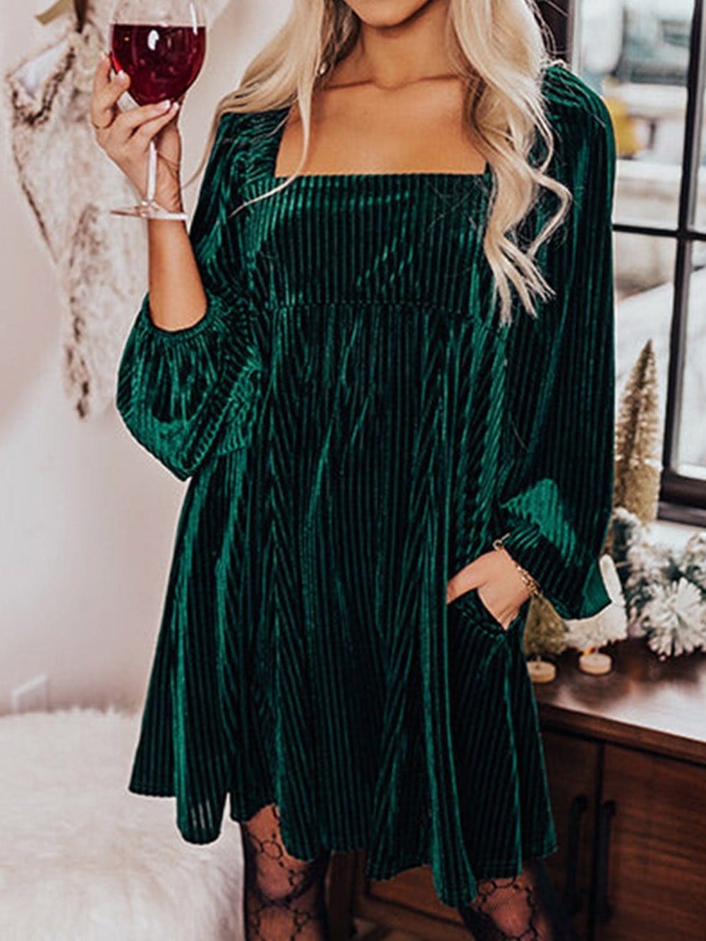 Velvet Green Square Neck Babydoll Dress with Tie Back