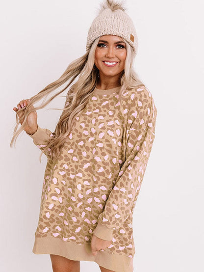 Velvet Leopard Print Frilled Collar Long Sleeve Shift Dress