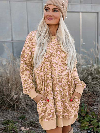 Velvet Leopard Print Frilled Collar Long Sleeve Shift Dress